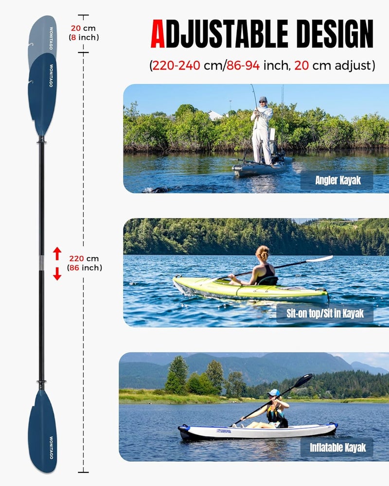 WONITAGO Angler Kayak Paddle with Fiberglass Shaft and Plastic Blade, Floating Adjustable Fihsing Kayak Oar, 220-240 cm/86-94", 240-260 cm/94-102", 260-280 cm/102-110" - Image 2